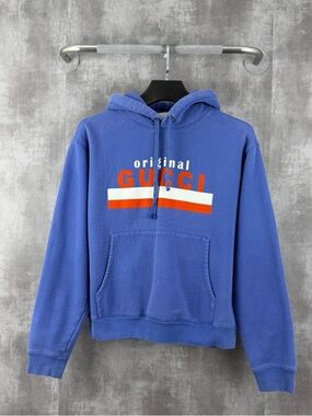 🚩steal Gucci Blue Hoodie with Orange and White Logo Stripe
